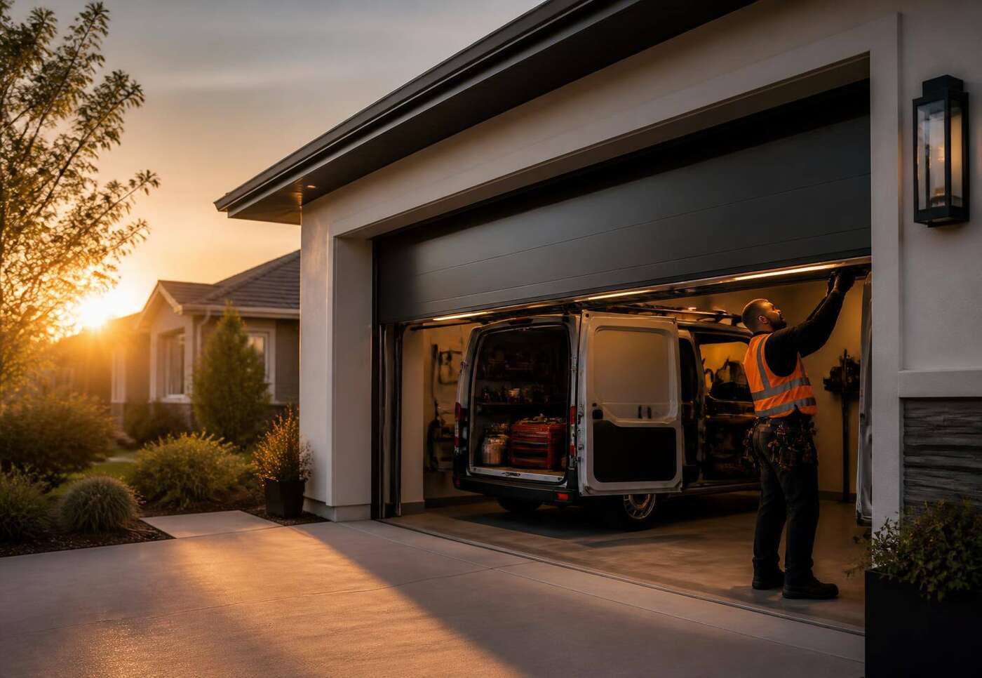 Garage door technician servicing a raised sectional garage door at a suburban home in Philadelphia